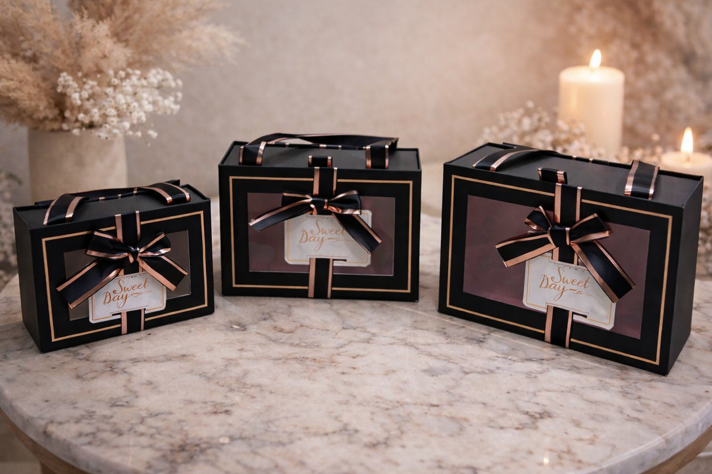 Black & Golden Premium Drawer Style Window Gift Boxes Set of 3 – Pull-Out Hamper Packaging with Ribbon