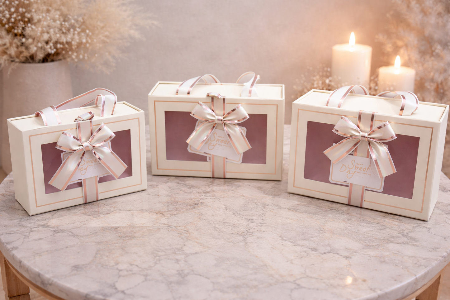 Ivory Premium Drawer Style Window Gift Boxes Set of 3 – Pull-Out Hamper Packaging with Ribbon