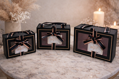 Black & Golden Premium Drawer Style Window Gift Boxes Set of 3 – Pull-Out Hamper Packaging with Ribbon