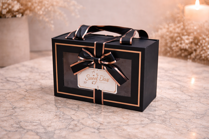 Black & Golden Premium Drawer Style Window Gift Boxes Set of 3 – Pull-Out Hamper Packaging with Ribbon