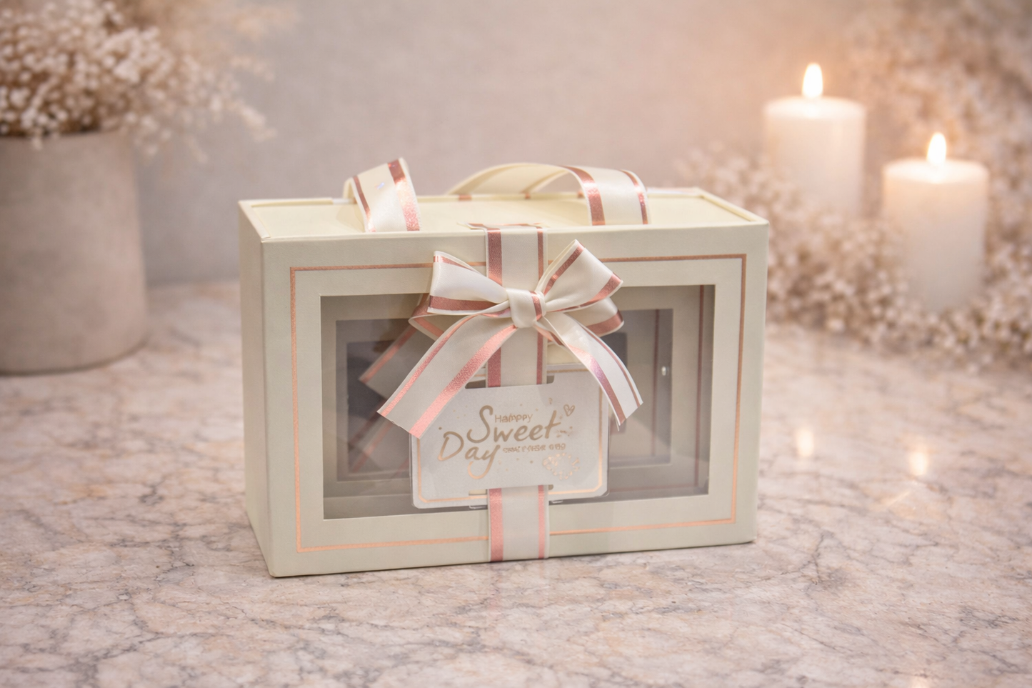 Ivory Premium Drawer Style Window Gift Boxes Set of 3 – Pull-Out Hamper Packaging with Ribbon