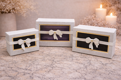White Premium Rectangle Window Gift Boxes Set of 3 – Rectangle Dual Lock Strap Closure Hamper Boxes for Gifting & Packaging