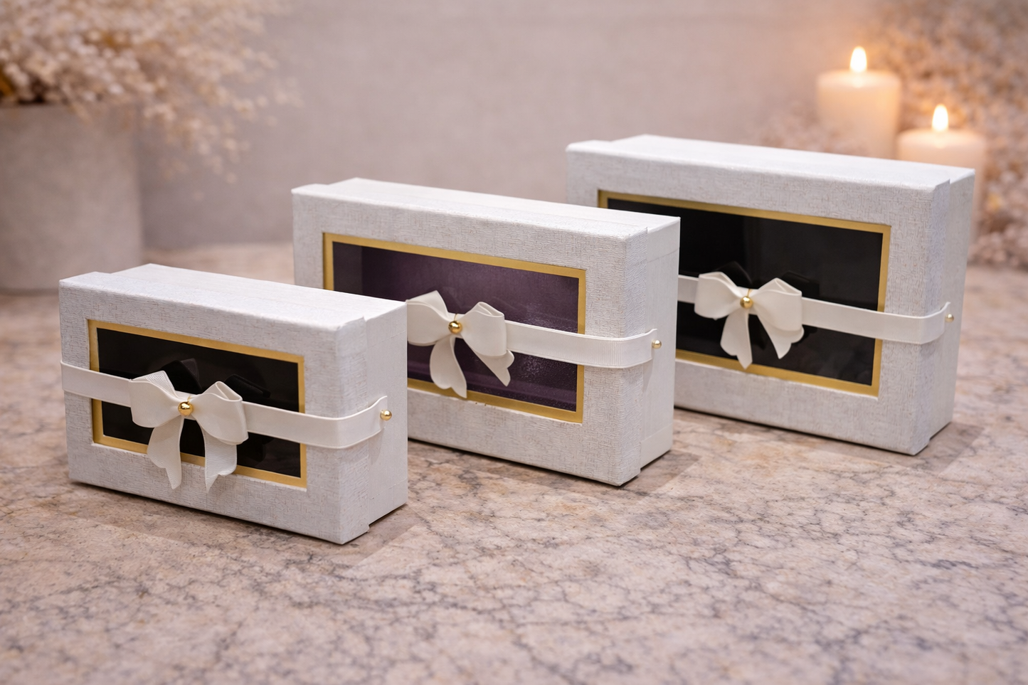 White Premium Rectangle Window Gift Boxes Set of 3 – Rectangle Dual Lock Strap Closure Hamper Boxes for Gifting & Packaging