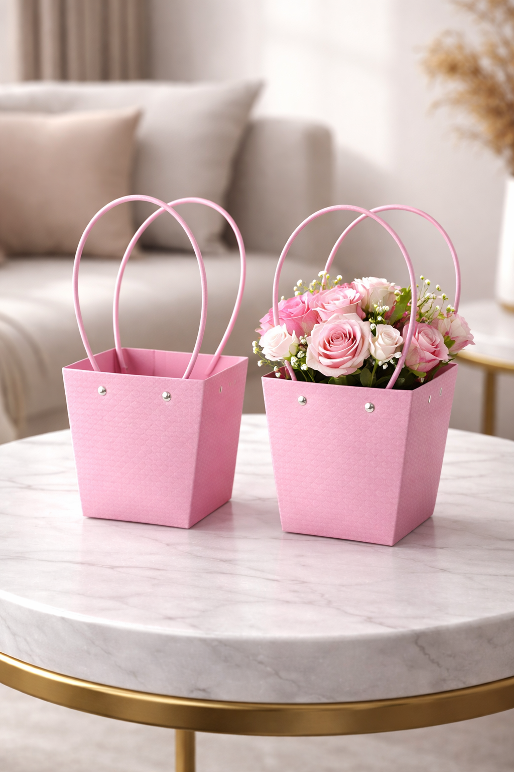 Pink Mini Textured Flower Carry Bag | Leakproof Gift & Bouquet Packaging