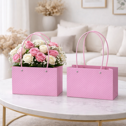 Pink Premium Textured Design Flower Carry Bag | Leakproof Gift Hamper Bag with Handles