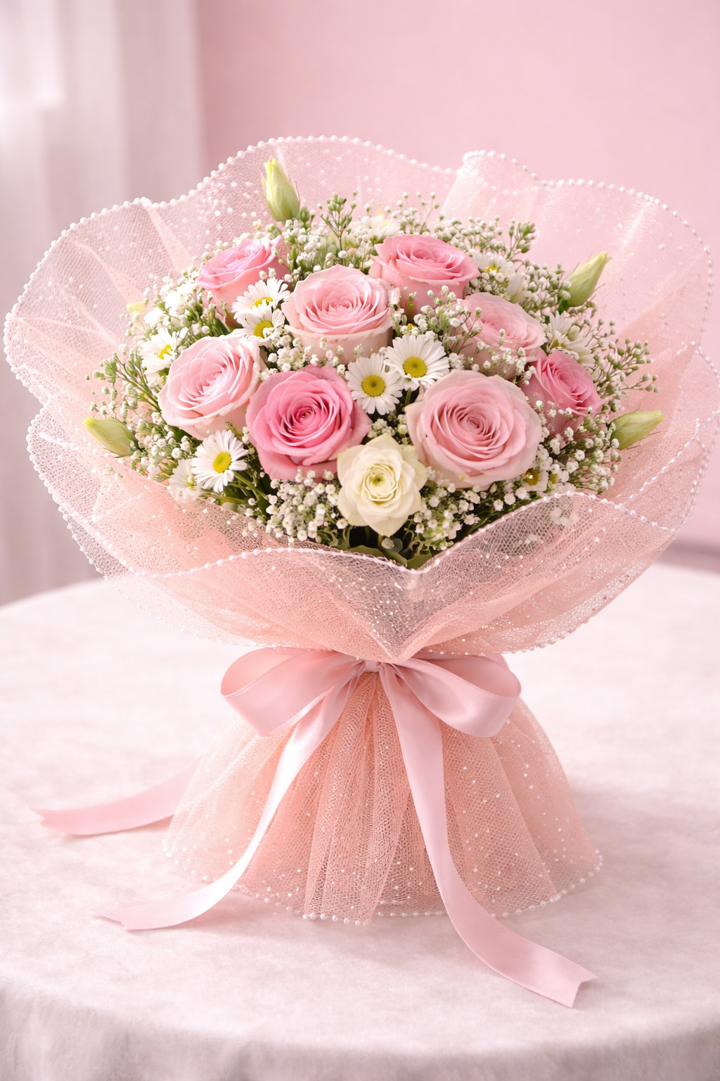 Peach Glitter Mesh Flower Wrapping Sheet with White Dot Texture & Pearl Edge Finish – 28 cm × 3.5 m | Wedding & Gift Bouquet Wrap