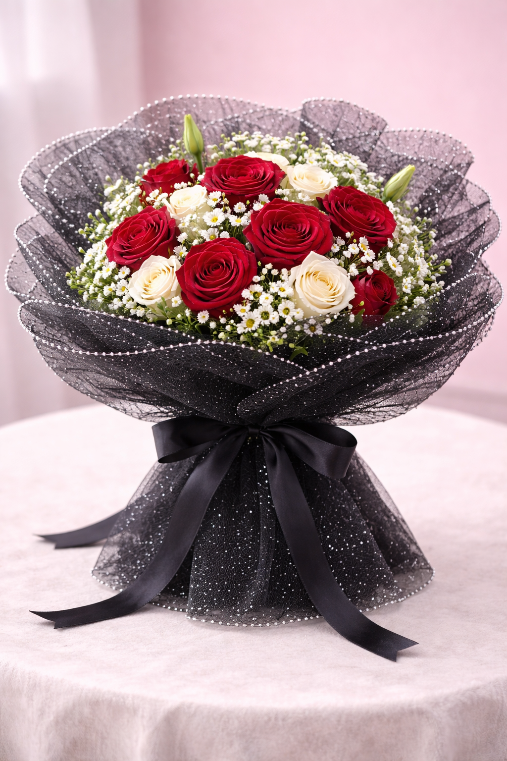 Black Glitter Mesh Flower Wrapping Sheet with White Dot Texture & Pearl Edge Finish – 28 cm × 3.5 m | Wedding & Gift Bouquet Wrap (Copy)