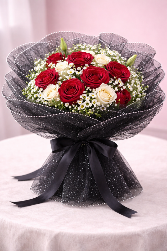 Black Glitter Mesh Flower Wrapping Sheet with White Dot Texture & Pearl Edge Finish – 28 cm × 3.5 m | Wedding & Gift Bouquet Wrap (Copy)