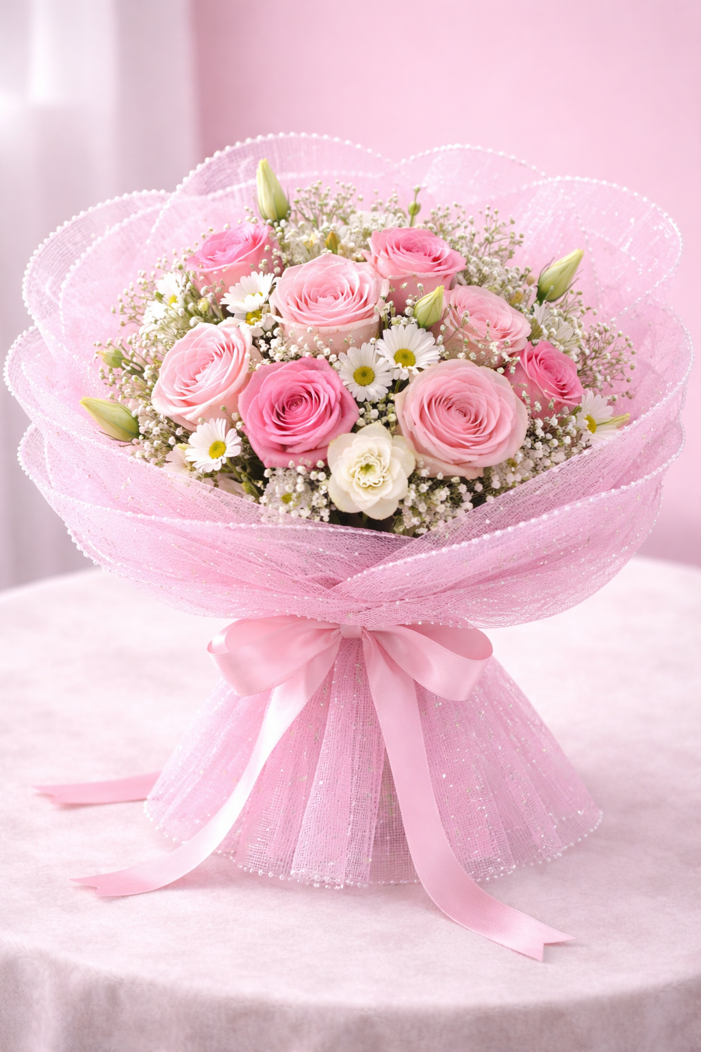 Pink Glitter Mesh Flower Wrapping Sheet with White Dot Texture & Pearl Edge Finish – 28 cm × 3.5 m | Wedding & Gift Bouquet Wrap