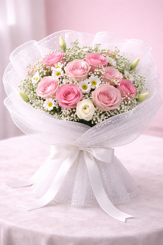 White Glitter Mesh Flower Wrapping Sheet with White Dot Texture & Pearl Edge Finish – 28 cm × 3.5 m | Wedding & Gift Bouquet Wrap