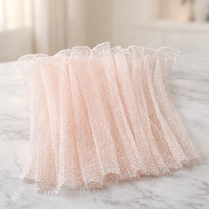 Peach Glitter Mesh Flower Wrapping Sheet with White Dot Texture & Pearl Edge Finish – 28 cm × 3.5 m | Wedding & Gift Bouquet Wrap