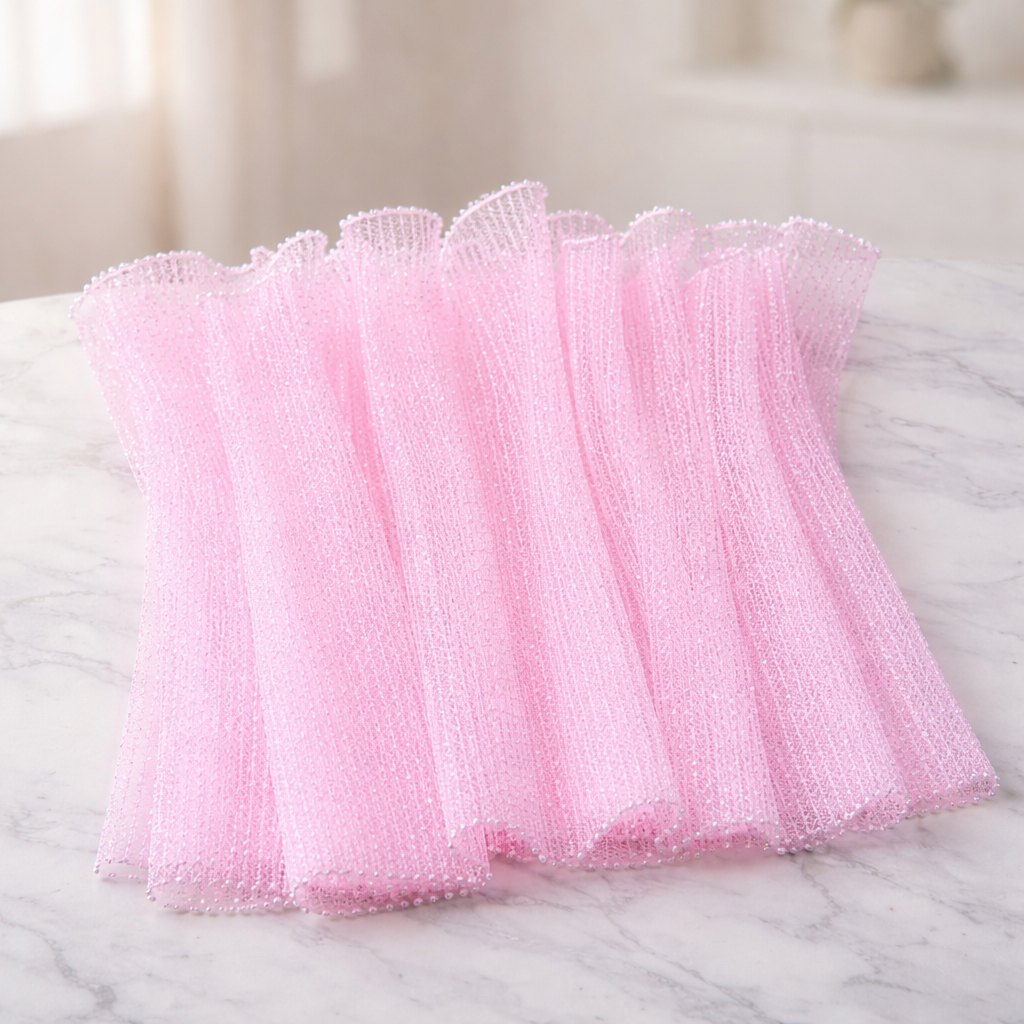 Pink Glitter Mesh Flower Wrapping Sheet with White Dot Texture & Pearl Edge Finish – 28 cm × 3.5 m | Wedding & Gift Bouquet Wrap