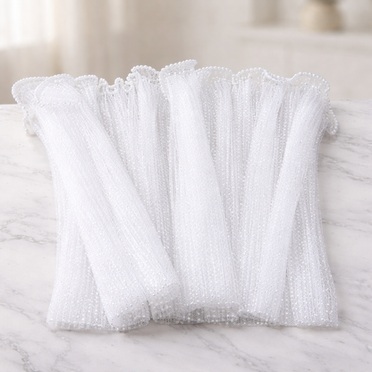 White Glitter Mesh Flower Wrapping Sheet with White Dot Texture & Pearl Edge Finish – 28 cm × 3.5 m | Wedding & Gift Bouquet Wrap