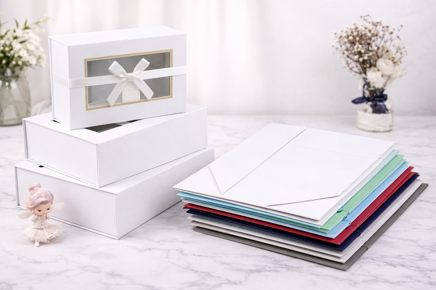 White Collapsible Magnetic Gift Box with Window & Ribbon – Premium Foldable Hamper Box