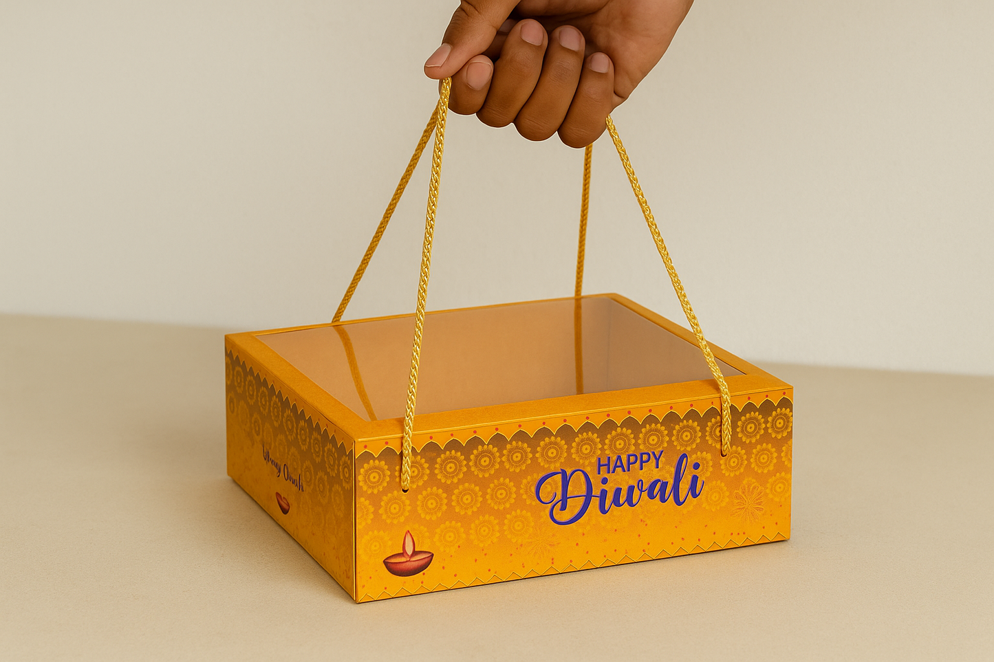 Yellow Premium Diwali Gift Box with Golden Rope Handle – Transparent Lid