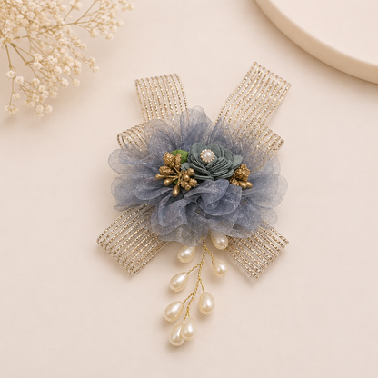 Premium Floral Brooch with Pearl Spray & Metallic Ribbon Bow – Elegant Hamper & Outfit Accessory