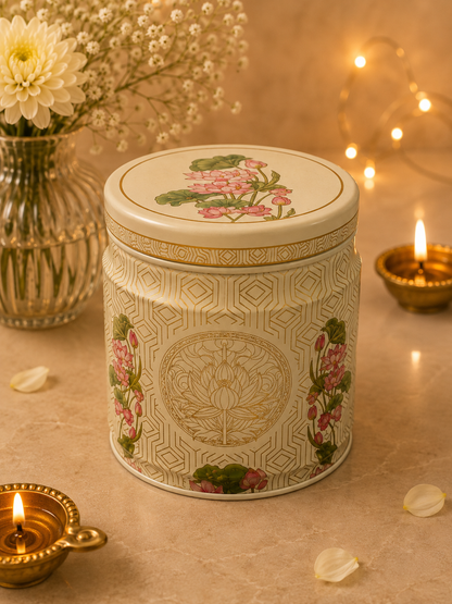 Lotus Print Airtight Vacuum Tin Container 425ml