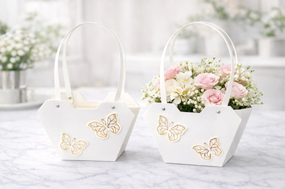 White Butterfly Hamper Gift Bag with Handles – Premium Paper Flower Gift Basket