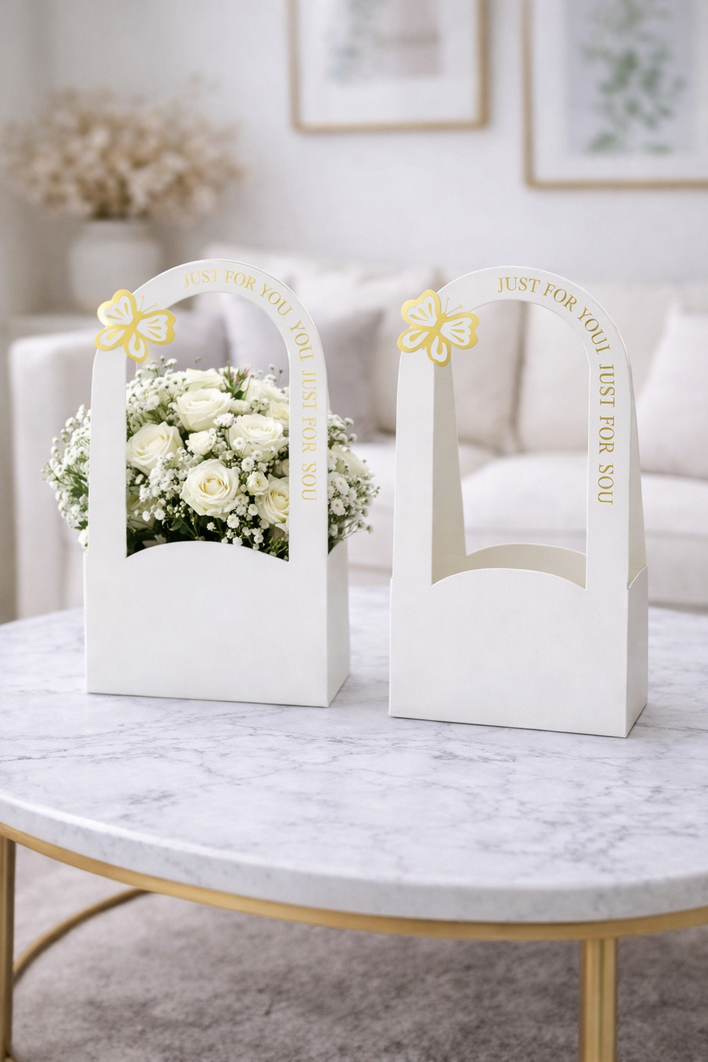 White Premium Butterfly Design Flower Carrier Box | Leakproof Bouquet & Gift Packaging