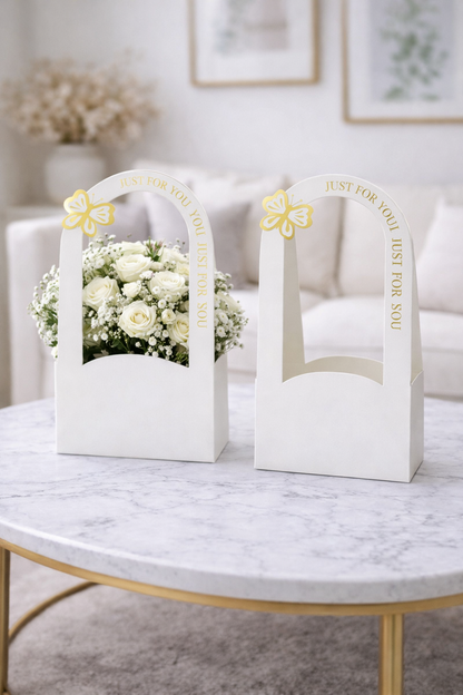 White Premium Butterfly Design Flower Carrier Box | Leakproof Bouquet & Gift Packaging