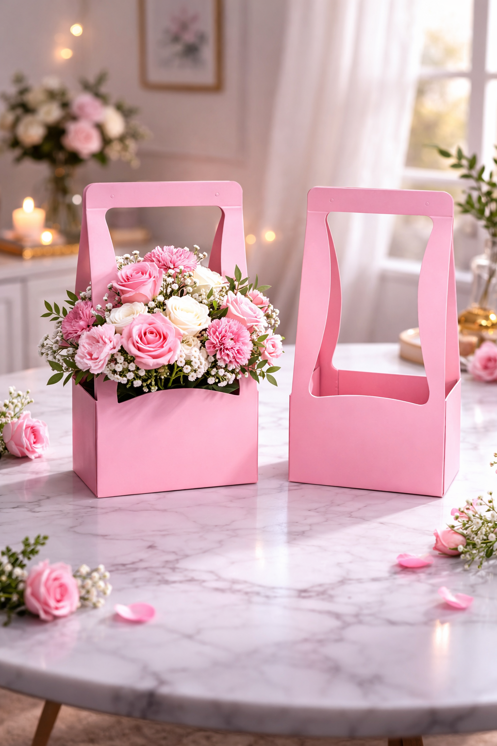 Light Pink Premium Flower Carrier Box with Handle | Leakproof Bouquet & Hamper Packaging