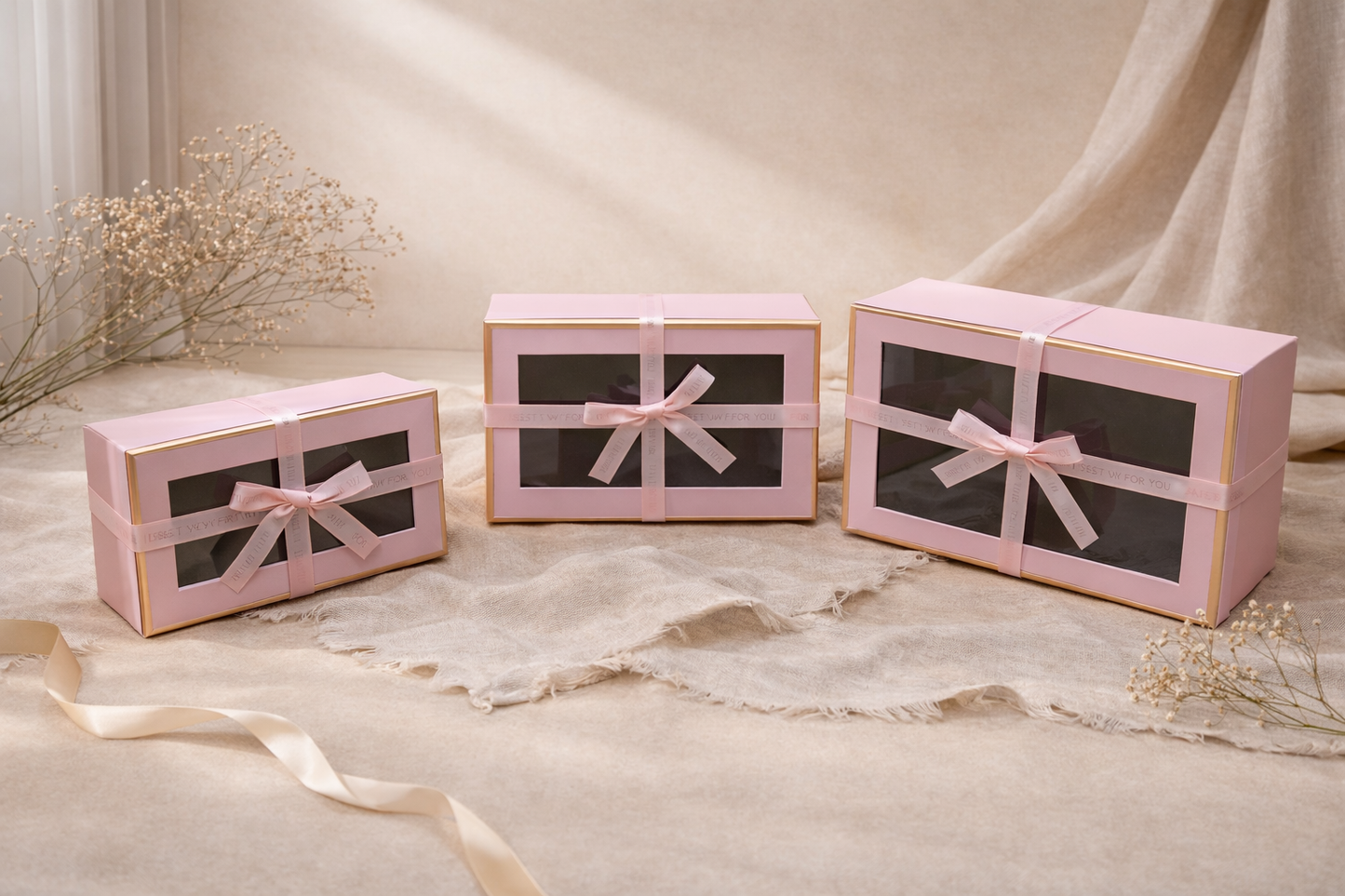 Pink Luxury Rectangle Window Gift Boxes Set of 3 – Rectangle Ribbon Hamper Boxes for Gifting & Packaging