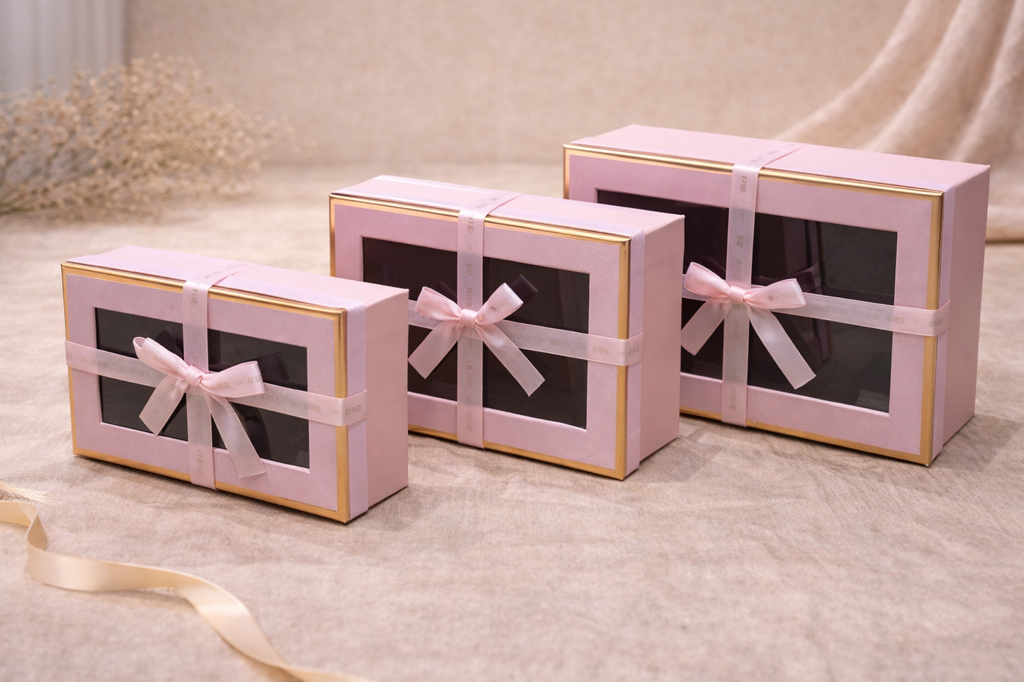 Pink Luxury Rectangle Window Gift Boxes Set of 3 – Rectangle Ribbon Hamper Boxes for Gifting & Packaging
