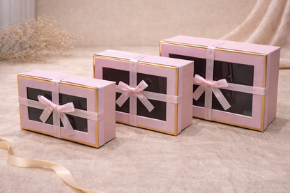 Pink Luxury Rectangle Window Gift Boxes Set of 3 – Rectangle Ribbon Hamper Boxes for Gifting & Packaging