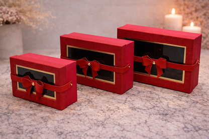 Red Premium Rectangle Window Gift Boxes Set of 3 – Rectangle Dual Lock Strap Closure Hamper Boxes for Gifting & Packaging