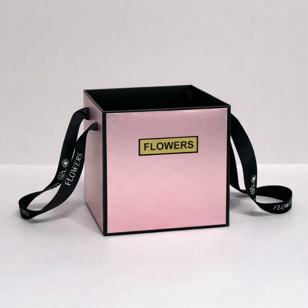 Rose Pink Premium Square Flower Gift Box with Handle | Elegant Hamper & Floral Packaging