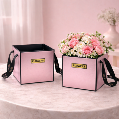 Rose Pink Premium Square Flower Gift Box with Handle | Elegant Hamper & Floral Packaging