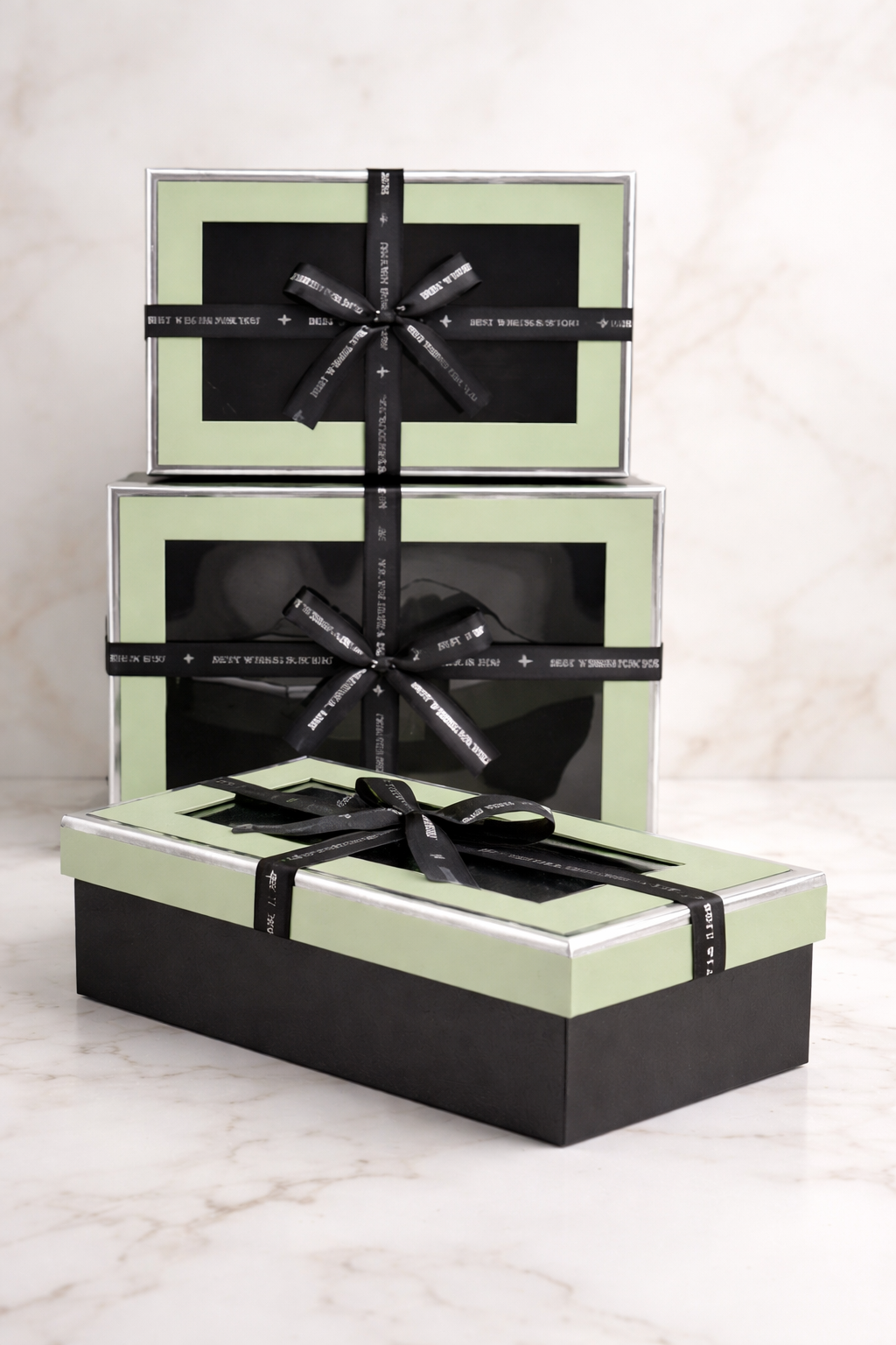 Green & Black Luxury Rectangle Window Gift Boxes Set of 3 – Rectangle Ribbon Hamper Boxes for Gifting & Packaging