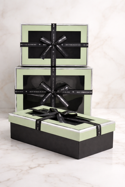 Green & Black Luxury Rectangle Window Gift Boxes Set of 3 – Rectangle Ribbon Hamper Boxes for Gifting & Packaging