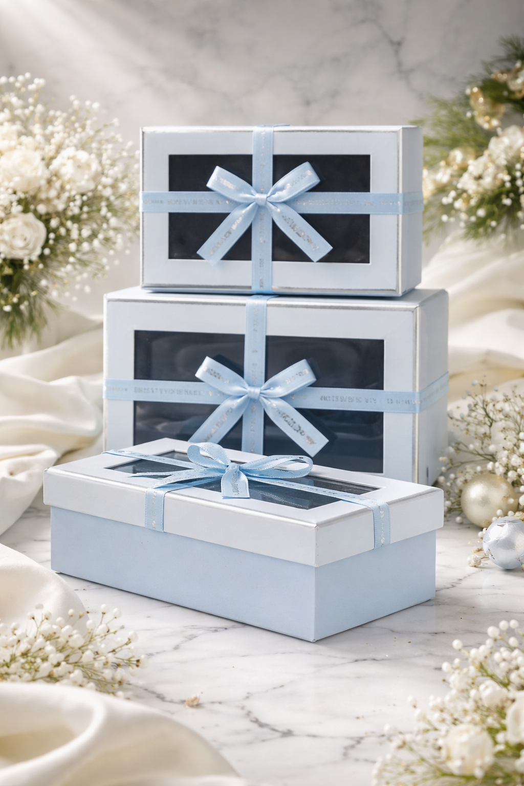 Blue Luxury Rectangle Window Gift Boxes Set of 3 – Rectangle Ribbon Hamper Boxes for Gifting & Packaging