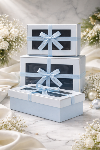 Blue Luxury Rectangle Window Gift Boxes Set of 3 – Rectangle Ribbon Hamper Boxes for Gifting & Packaging
