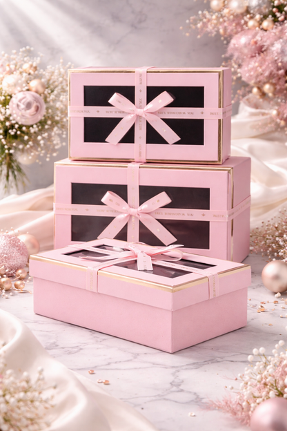Pink Luxury Rectangle Window Gift Boxes Set of 3 – Rectangle Ribbon Hamper Boxes for Gifting & Packaging