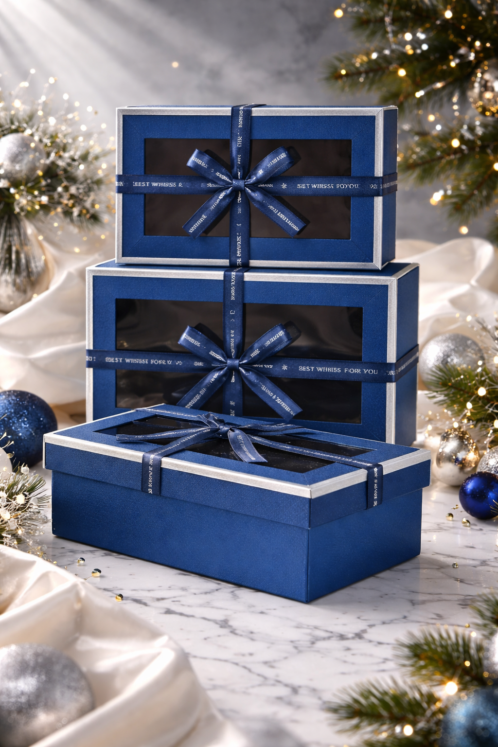Dark Blue Luxury Rectangle Window Gift Boxes Set of 3 – Rectangle Ribbon Hamper Boxes for Gifting & Packaging