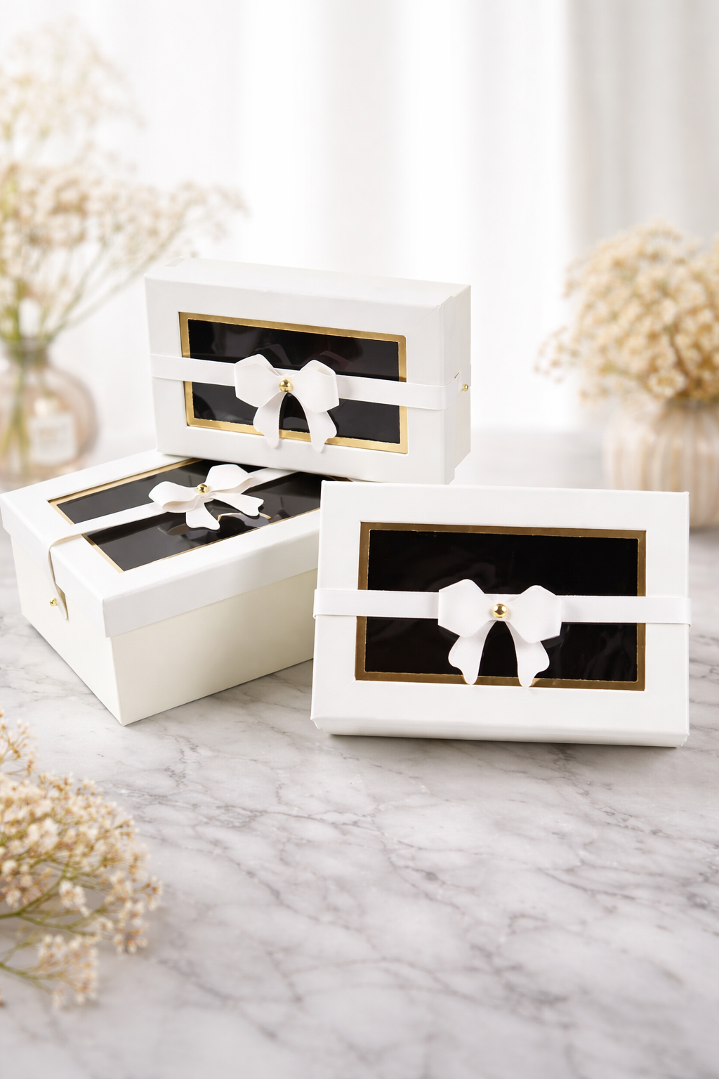 White Premium Rectangle Window Gift Boxes Set of 3 – Rectangle Dual Lock Strap Closure Hamper Boxes for Gifting & Packaging