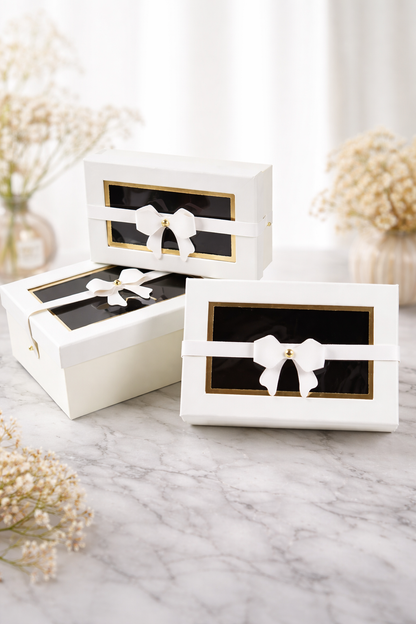 White Premium Rectangle Window Gift Boxes Set of 3 – Rectangle Dual Lock Strap Closure Hamper Boxes for Gifting & Packaging