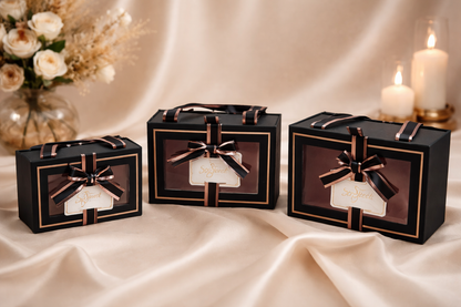 Black & Golden Premium Drawer Style Window Gift Boxes Set of 3 – Pull-Out Hamper Packaging with Ribbon