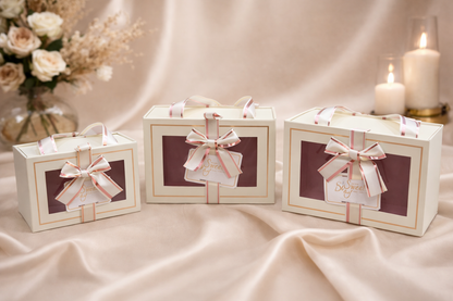 Ivory Premium Drawer Style Window Gift Boxes Set of 3 – Pull-Out Hamper Packaging with Ribbon