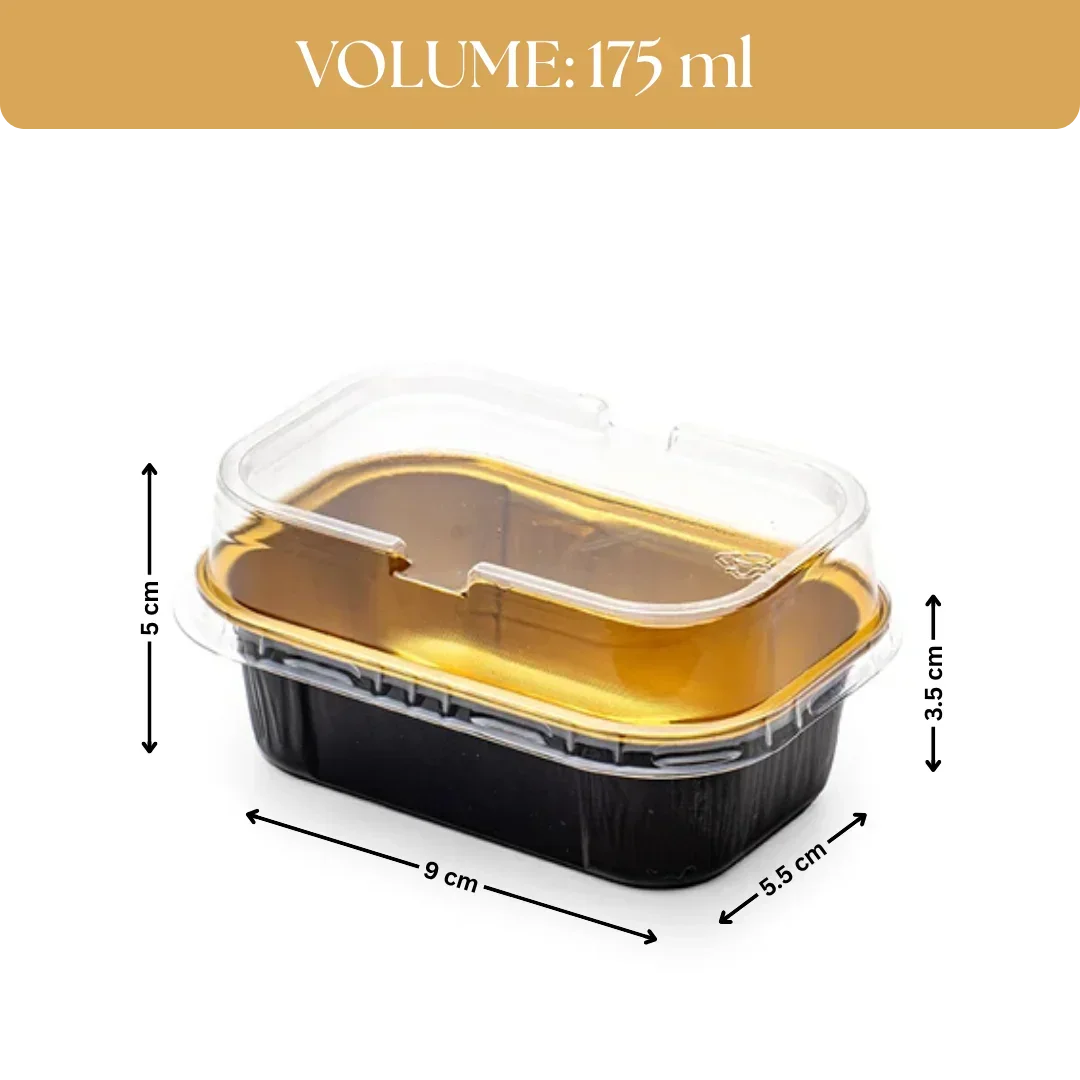 Golden Rectangle Aluminium Foil Dessert Cup with Clear Lid – 175ml Medium Bake & Serve Container
