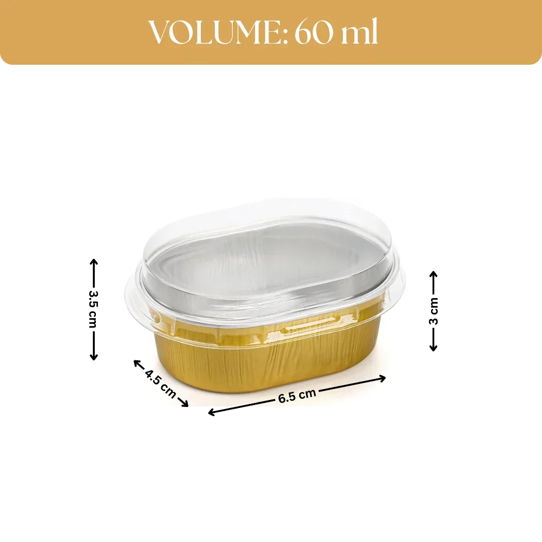Oval Aluminium Foil Dessert Cup with Clear Dome Lid – 60ml Mini Bake & Serve Container