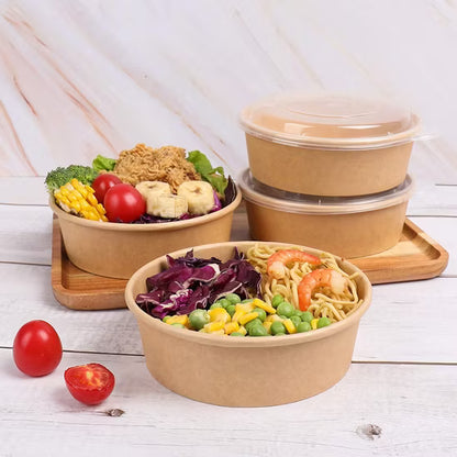 Imported Quality Kraft Round Food Container with Clear Lid – 6 x 2.25 Inch | Salad Bowl |Paper Dessert Boxes with Clear Lids – Eco-Friendly Packaging