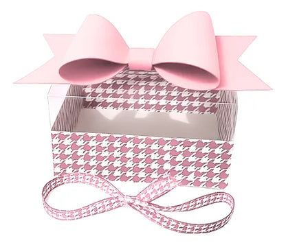 Luxury White & Pink Checks Hamper Gift Box with Bow & Ribbon Handle | Rectangular White & Pink Checks Hamper Box with Bow