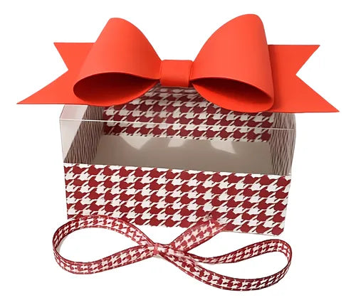 Luxury White & Red Checks Hamper Gift Box with Bow & Ribbon Handle | Rectangular White & Red Checks Hamper Box with Bow