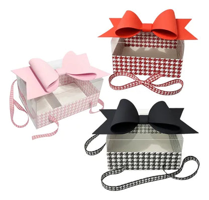 Luxury White & Red Checks Hamper Gift Box with Bow & Ribbon Handle | Rectangular White & Red Checks Hamper Box with Bow