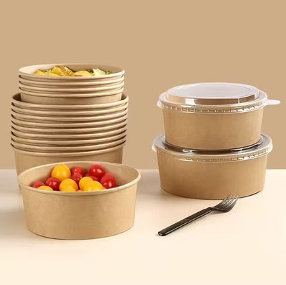 Imported Quality Kraft Round Food Container with Clear Lid – 6 x 2.25 Inch | Salad Bowl |Paper Dessert Boxes with Clear Lids – Eco-Friendly Packaging