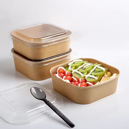 Imported Quality Kraft Square Food Container with Clear Lid – 6.5 x 2 Inch | Salad Bowl |Paper Dessert Boxes with Clear Lids – Eco-Friendly Packaging