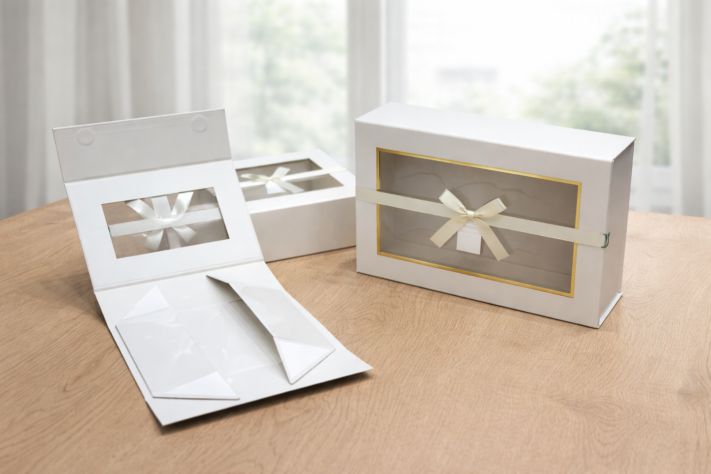 White Collapsible Magnetic Gift Box with Window & Ribbon – Premium Foldable Hamper Box